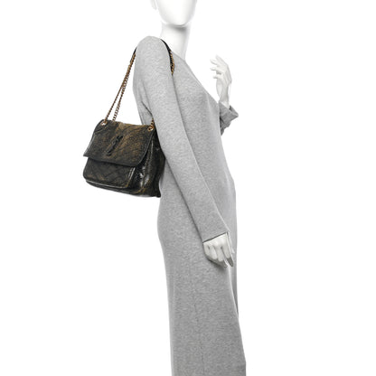 Saint Laurent Crinkled Calfskin Matelasse Monogram Medium Niki Chain Satchel  Black Ocra 2 of 10