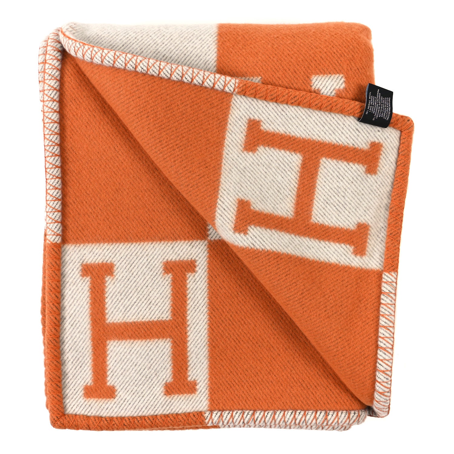 Hermes Wool Cashmere Signature Classic Avalon Blanket Ecru Potiron 2 of 3