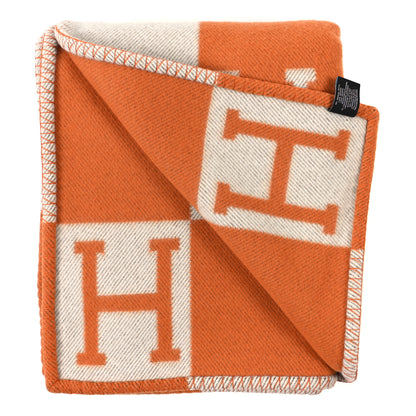 Hermes Wool Cashmere Signature Classic Avalon Blanket Ecru Potiron 2 of 3