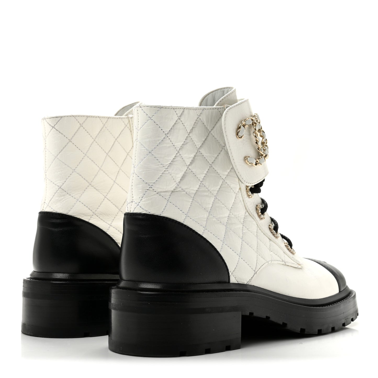 Shiny Goatskin Calfskin Quilted Lace Up Combat Boots 39 White Black