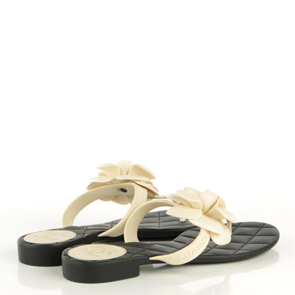Chanel Jelly Quilted Camellia Thong Sandals 36 Black White 4 of 7