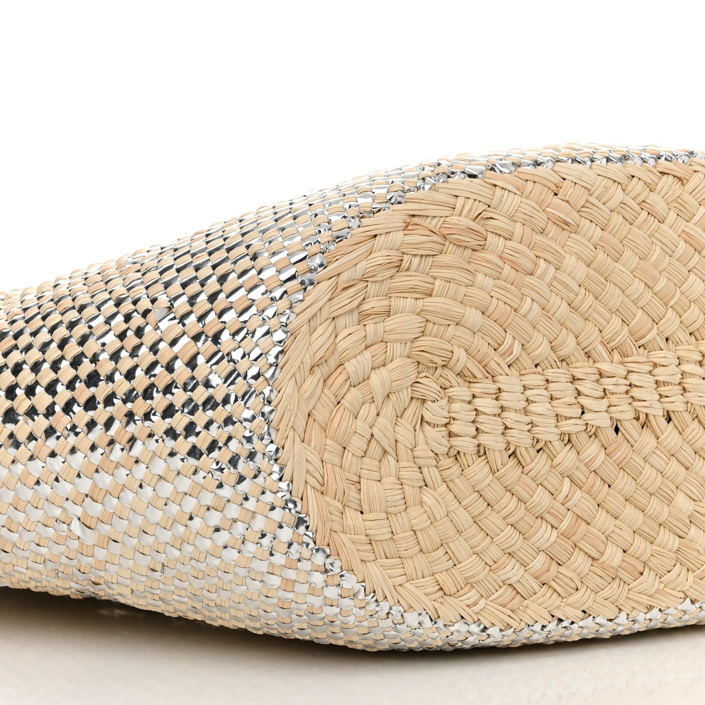 Calfskin Raffia Paulas Ibiza Sparkling Metallic Anagram Basket Tote Bag Natural Silver