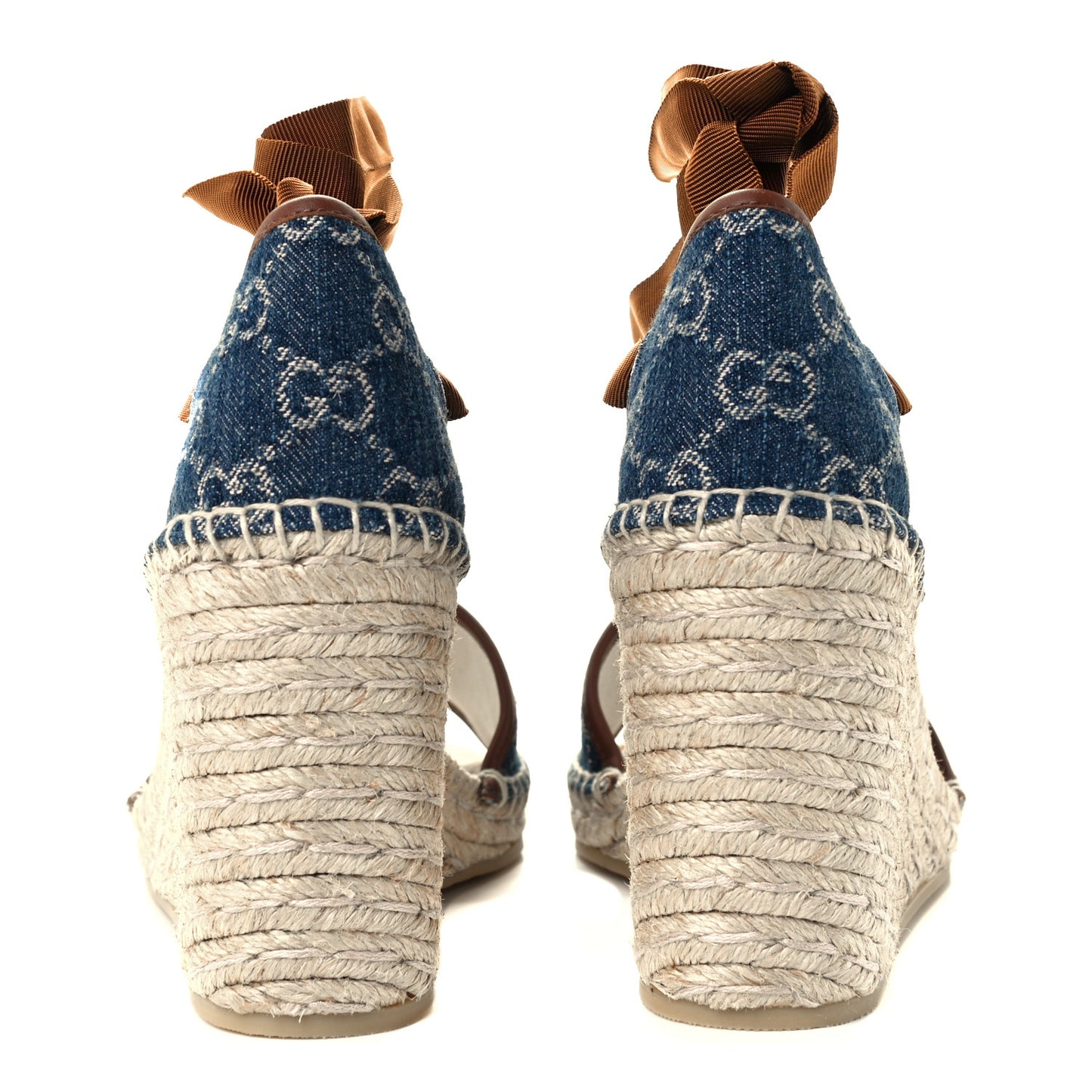 Denim GG Monogram Ankle Wrap Platform Espadrille Wedges 38.5 Blue Tea Cuir