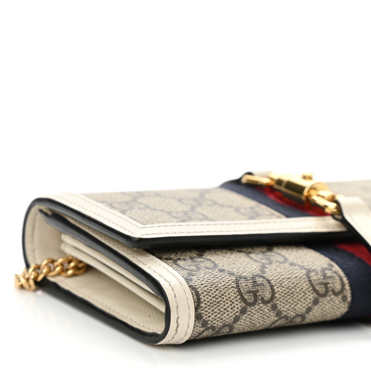 GG Supreme Monogram Textured Calfskin Web Jackie 1961 Chain Wallet Beige Ebony Mystic White