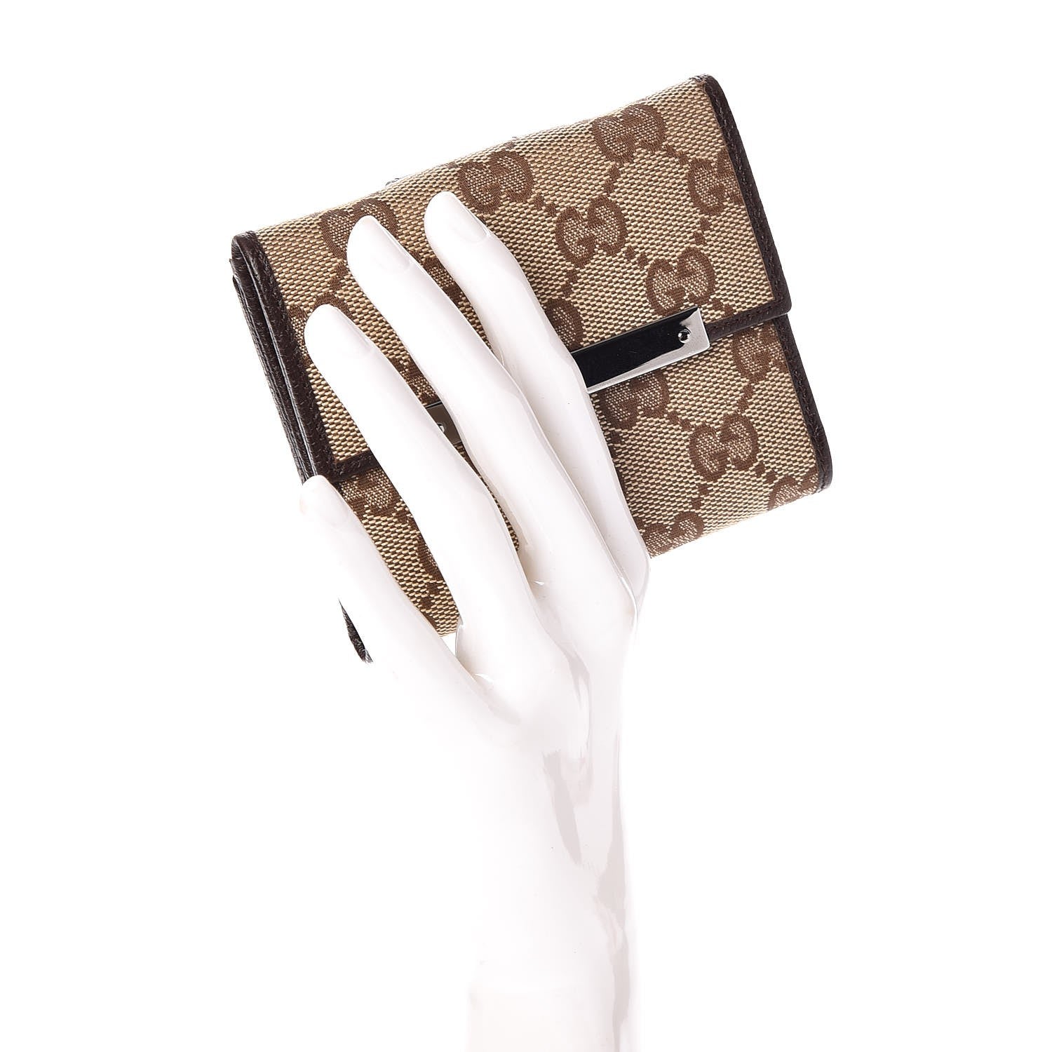 Gucci Monogram Textured Calfskin Metal Bar French Flap Wallet Beige Ebony Cocoa 2 of 8