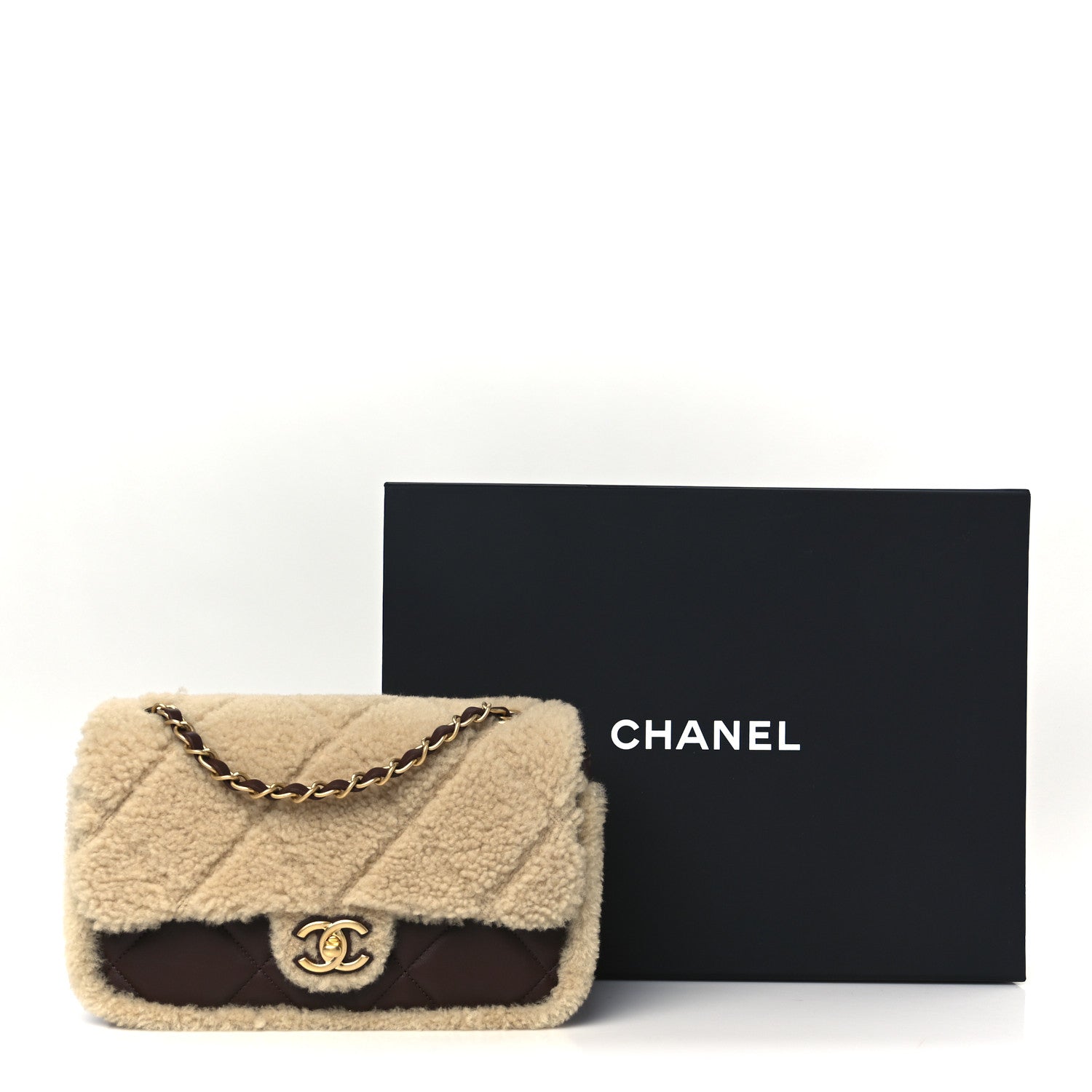 Chanel Shearling Lambskin Quilted Furry Coco Flap Dark Brown Beige