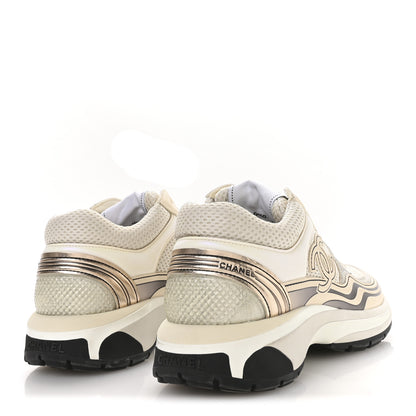 Chanel Fabric Laminated Calfskin Stretch CC Sneakers 37 Ivory White Silver 5 of 9