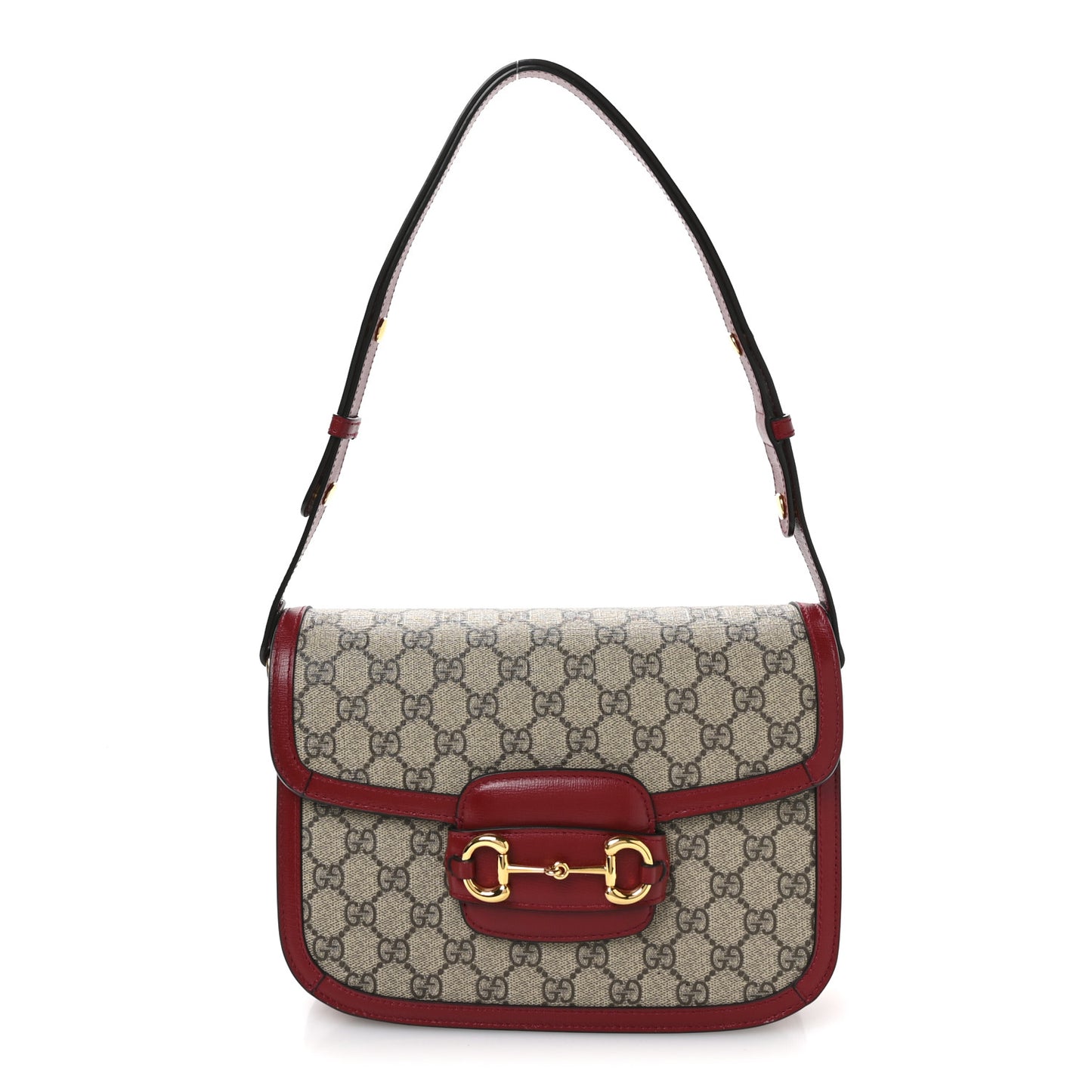 GG Supreme Monogram Azalea Calfskin Horsebit 1955 Shoulder Bag Beige Ebony New Cherry Red