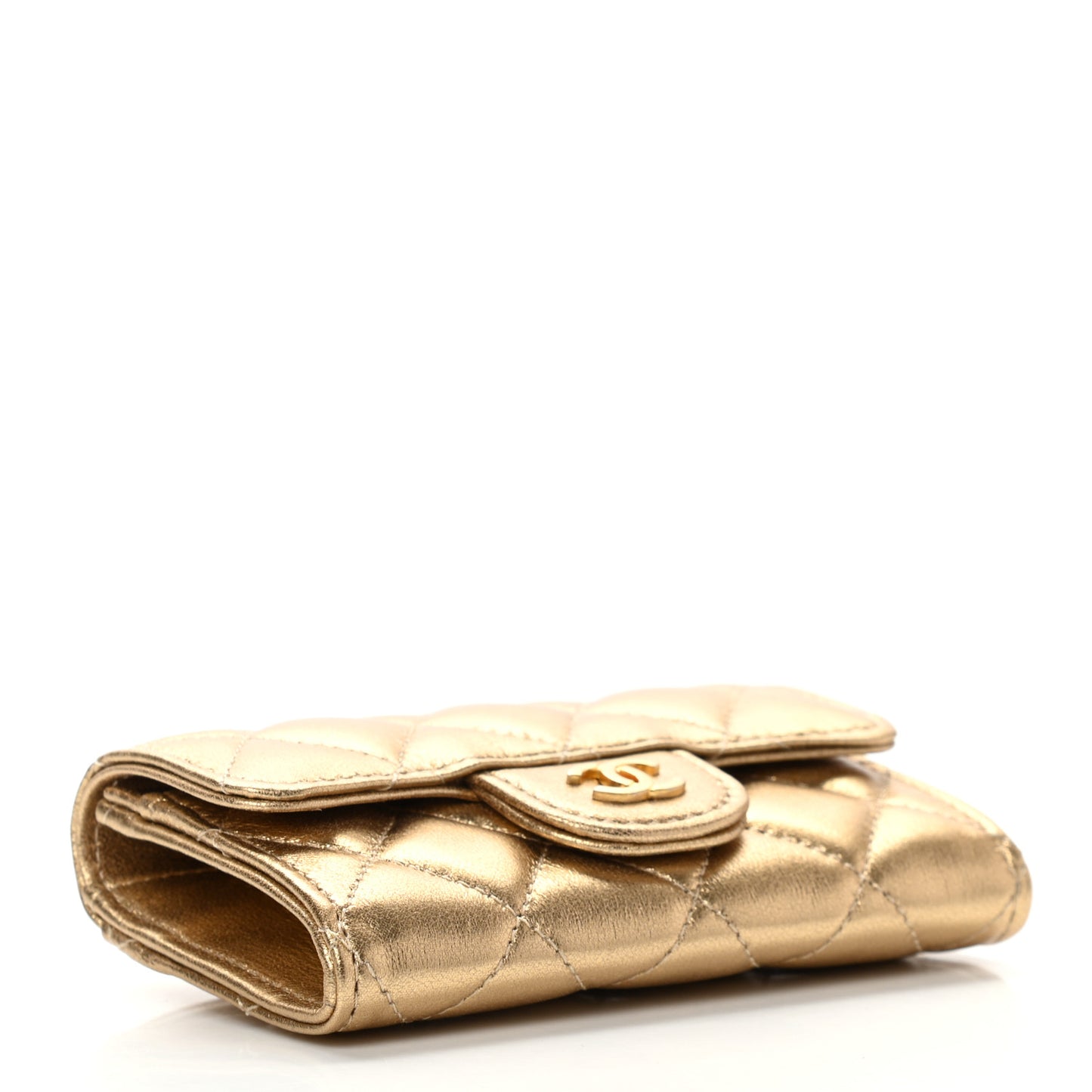 Metallic Lambskin Quilted Flap Card Holder Wallet Gold