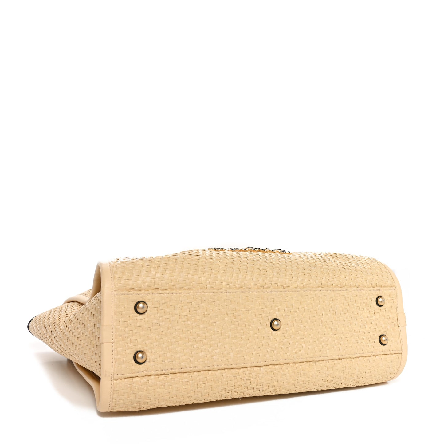 Straw Raffia Calfskin Chain Small Deauville Tote Beige Black