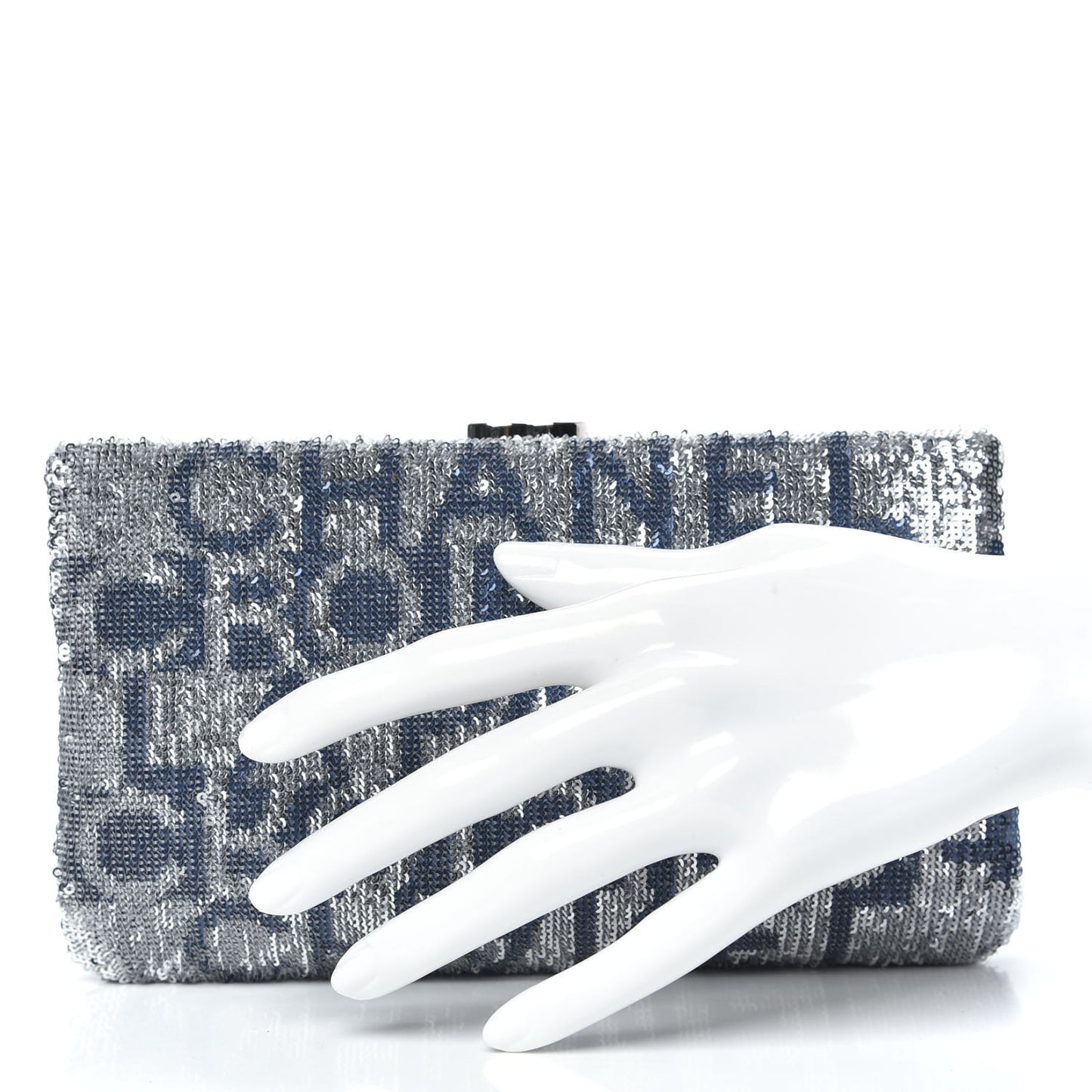Sequin Satin Embroidered La Pausa Evening Clutch Silver Blue