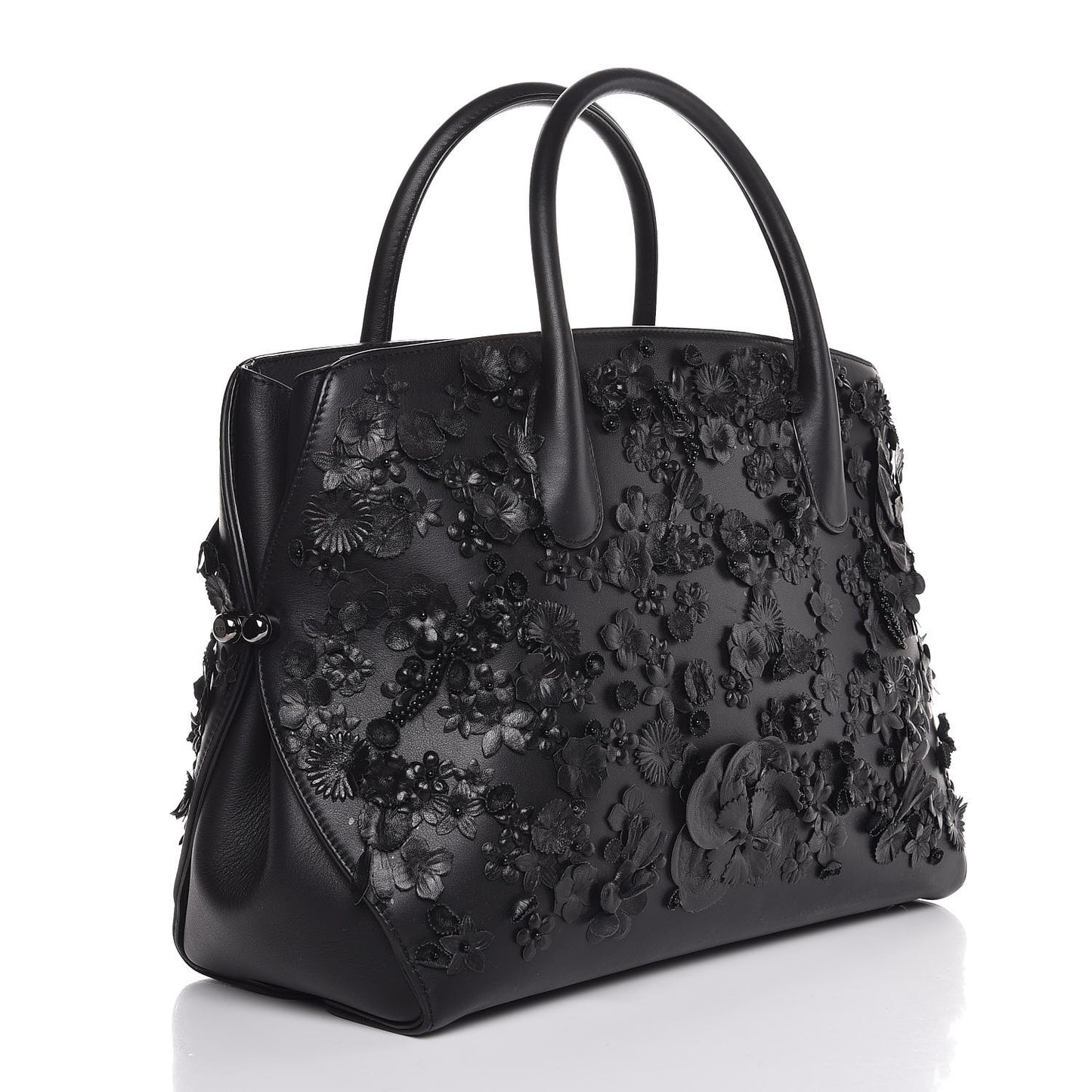 Calfskin Floral Applique Bar Tote Black