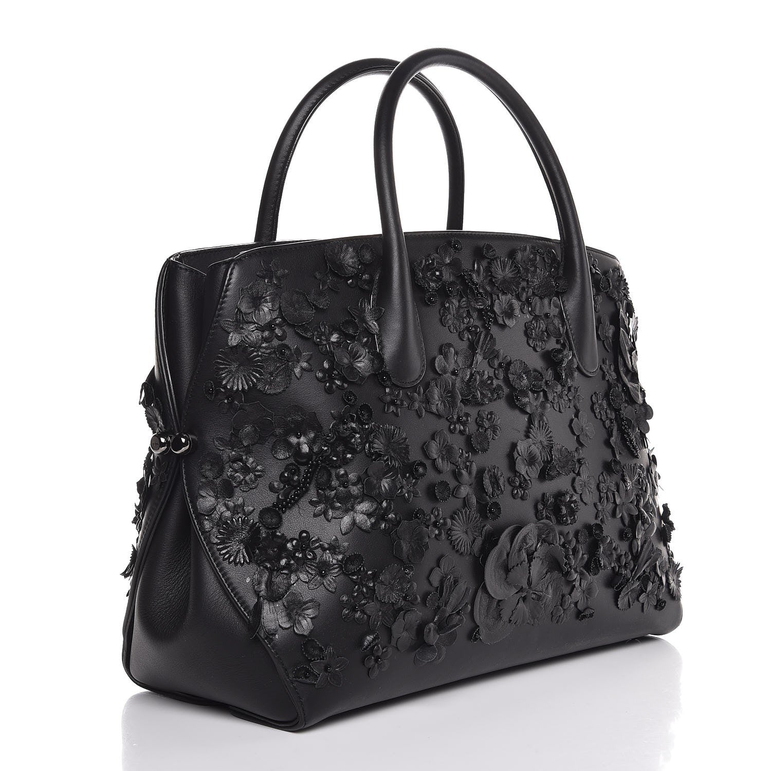 Christian Dior Calfskin Floral Applique Bar Tote Black 3 of 8