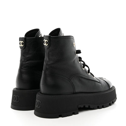Chanel Calfskin CC Lace Up Combat Boots 38 Black 4 of 16