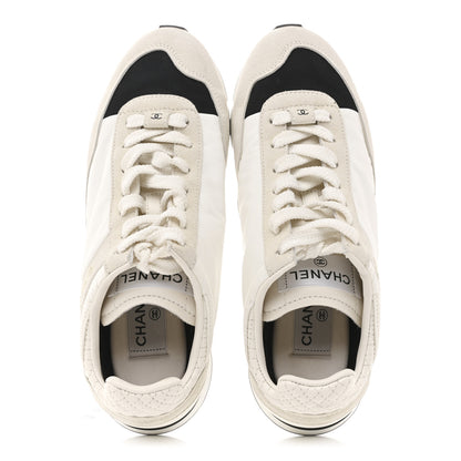 Chanel Nylon Suede Kidskin Calfskin Logo Sneakers 37.5 White Black 2 of 10