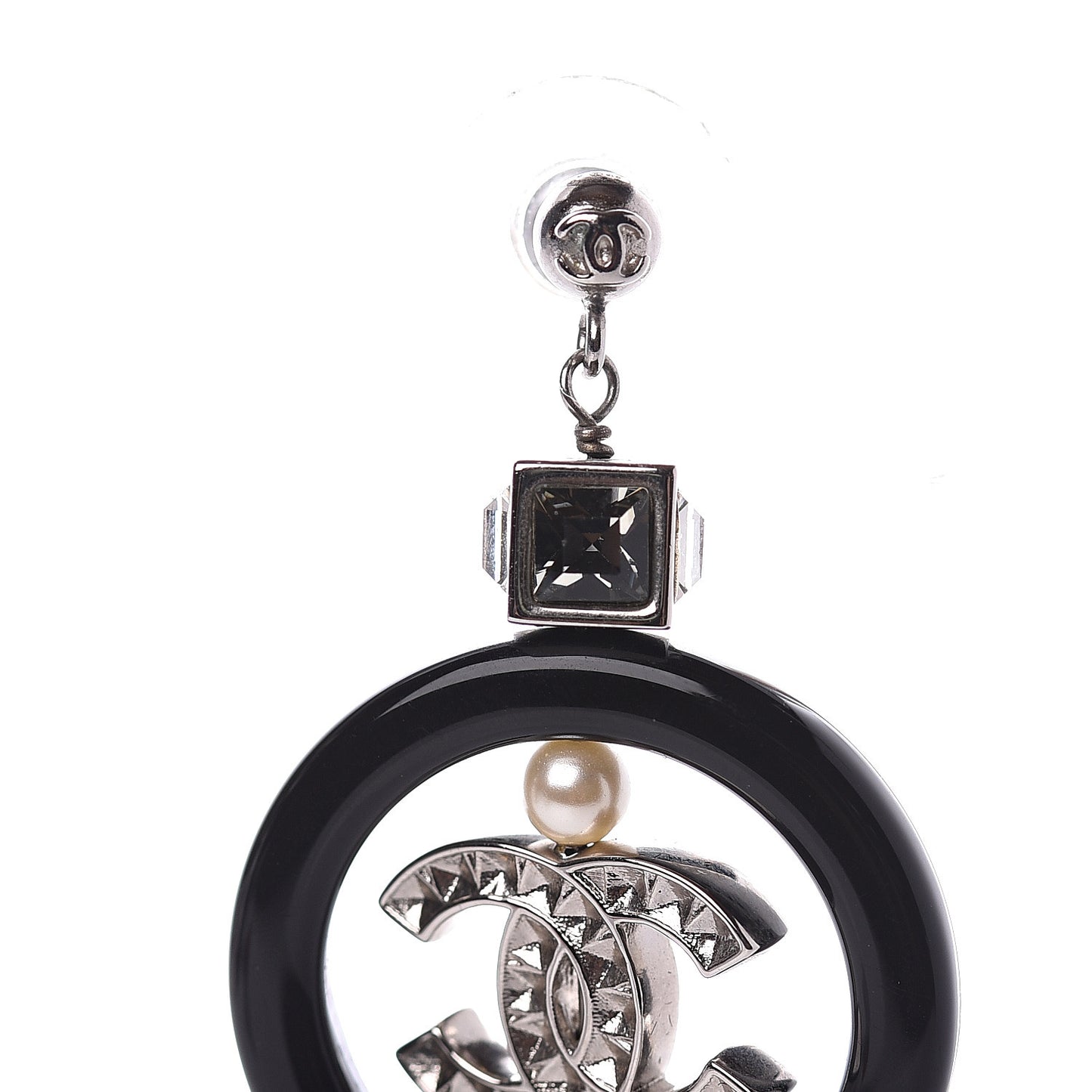 Baguette Crystal Pearl CC Drop Earrings Black Silver
