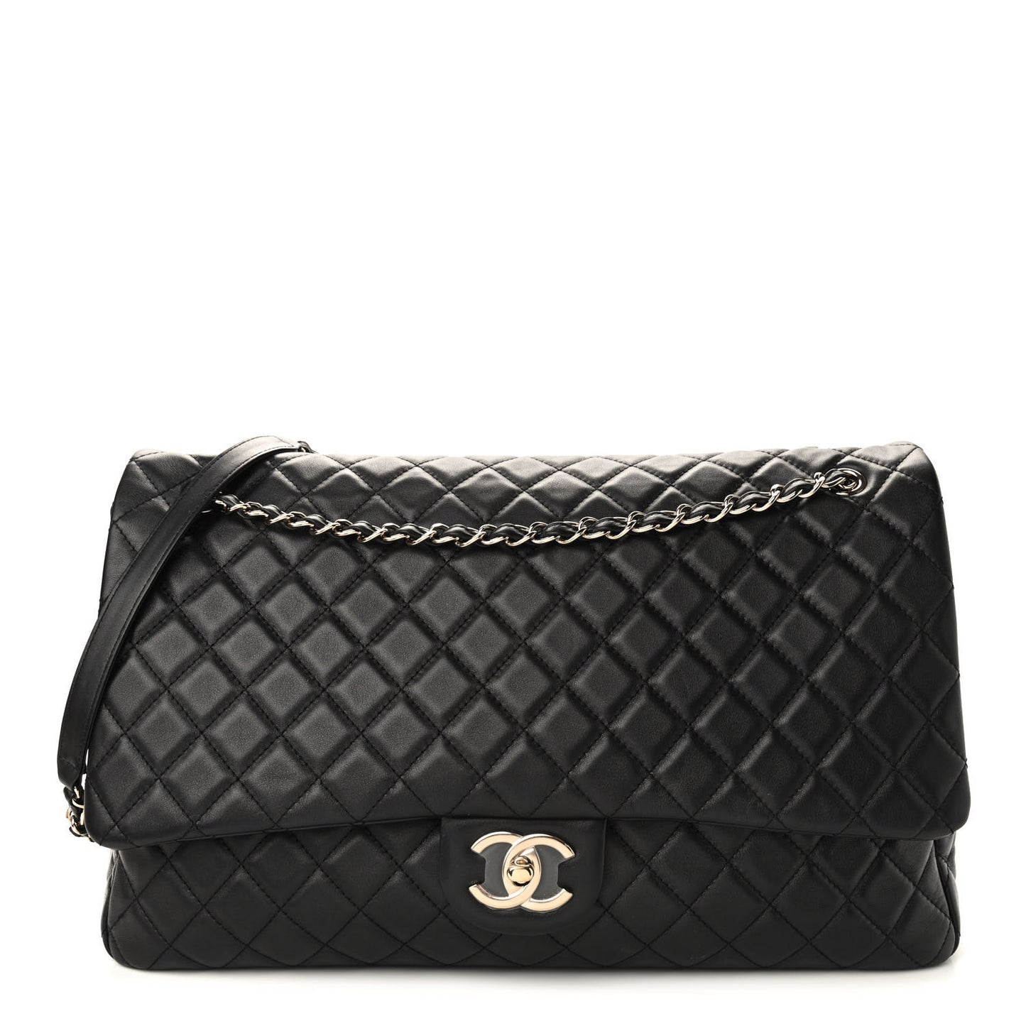 Calfskin Quilted XXL Travel Flap Bag Black