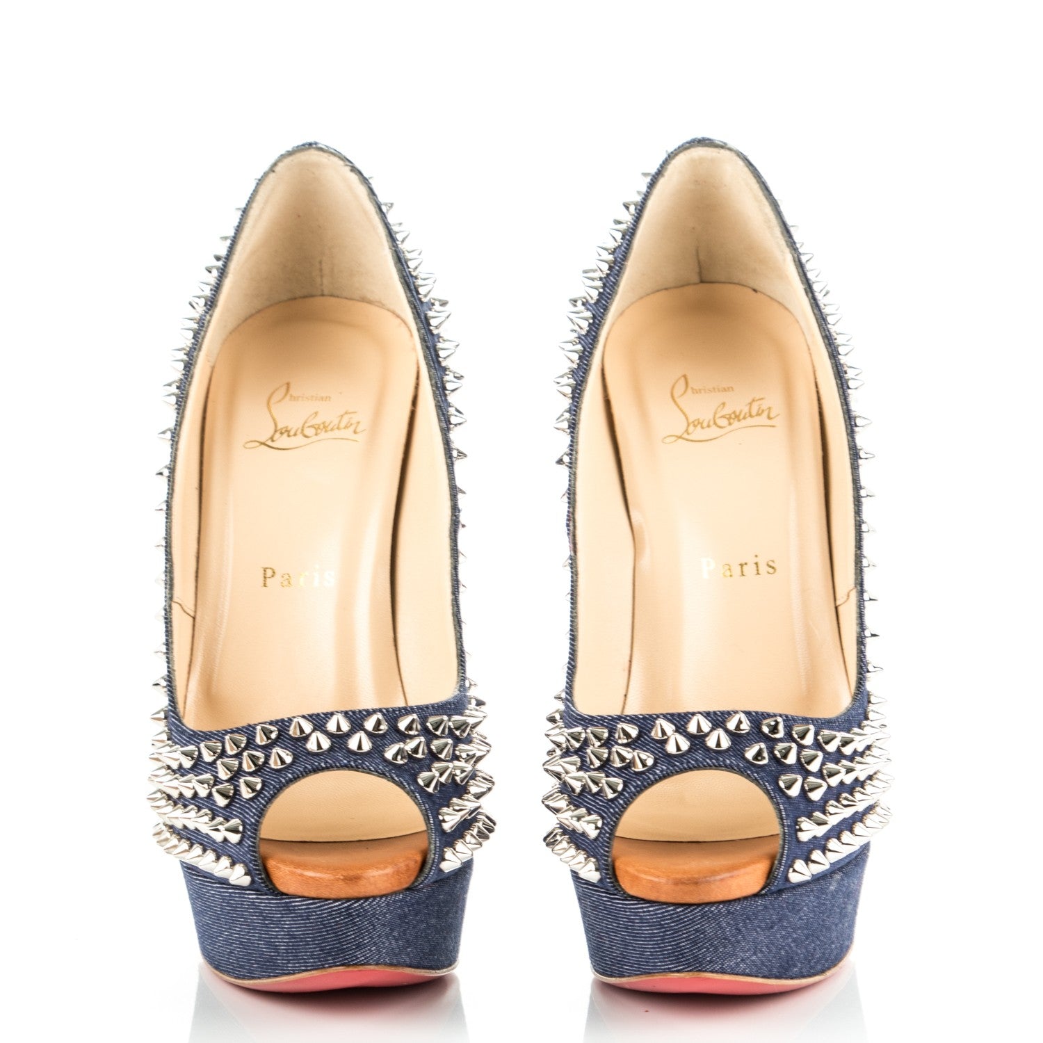 Christian Louboutin Denim Lady Peep Spikes 150 Pumps 39 Blue Arancio 2 of 8