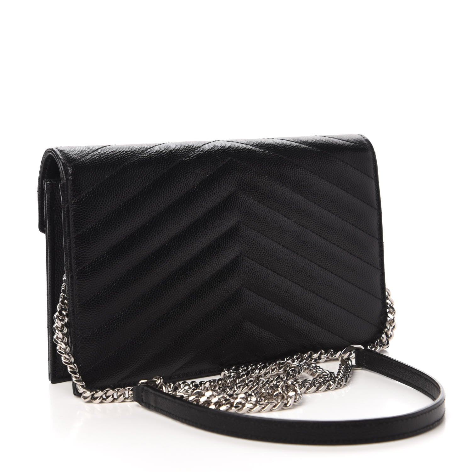 Saint Laurent Grain De Poudre Matelasse Chevron Monogram Envelope Chain Wallet Black 3 of 10