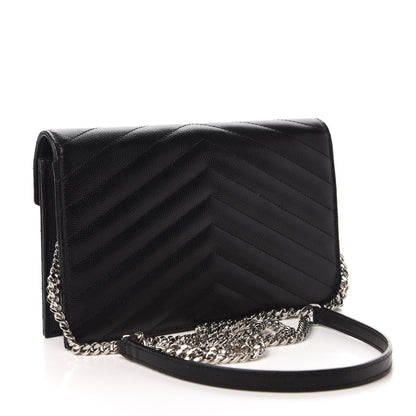 Saint Laurent Grain De Poudre Matelasse Chevron Monogram Envelope Chain Wallet Black 3 of 10
