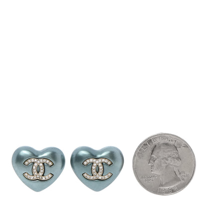 Chanel Pearl Crystal CC Heart Earrings Blue Gold 2 of 5