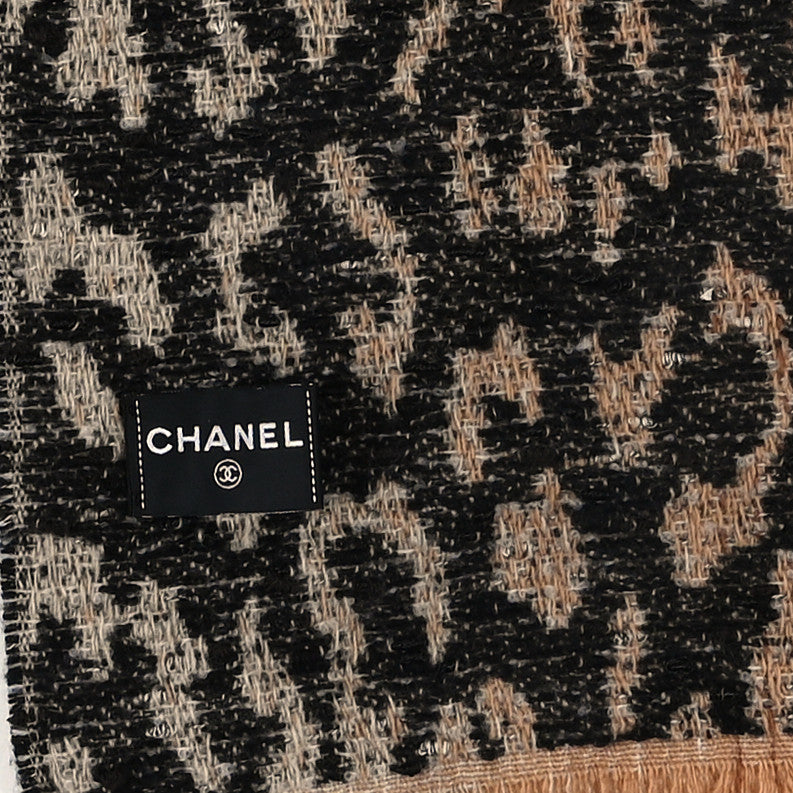 Chanel Wool Mixed Fibers Leopard Print Fringe Stole Beige Brown Black 3 of 3