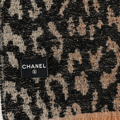 Chanel Wool Mixed Fibers Leopard Print Fringe Stole Beige Brown Black 3 of 3