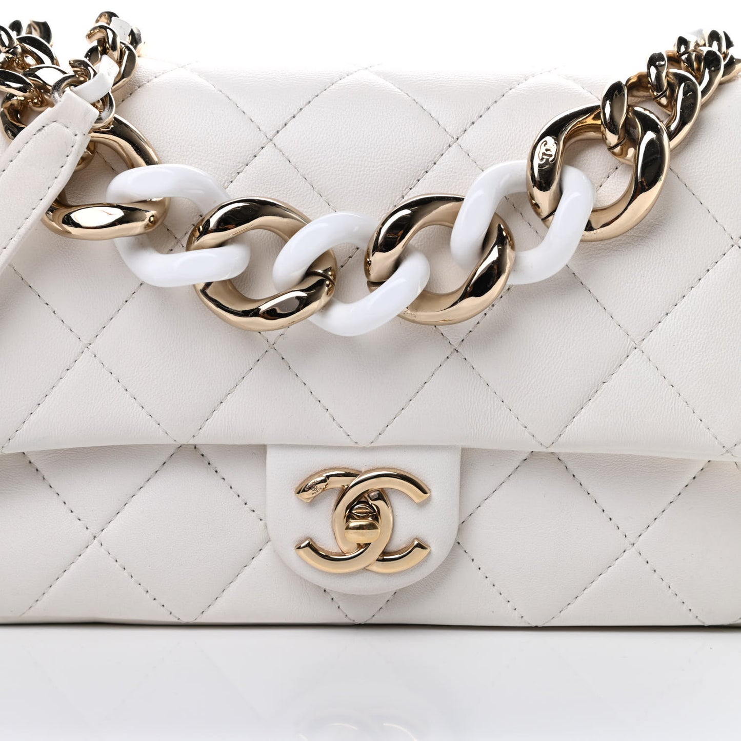 Lambskin Quilted Resin Bi-Color Chain Flap Bag White
