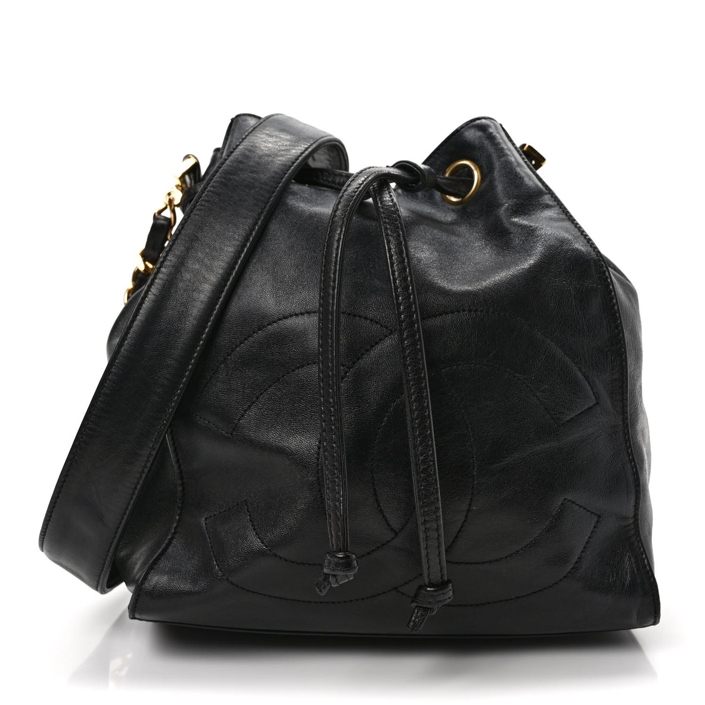 Lambskin CC Stitched Drawstring Bucket Bag Dark Brown