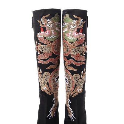 Gucci Silk Satin Malaga Kid Embroidered Candy Dragon Block-Heel Knee Boot 40 Nero Black 9 of 11