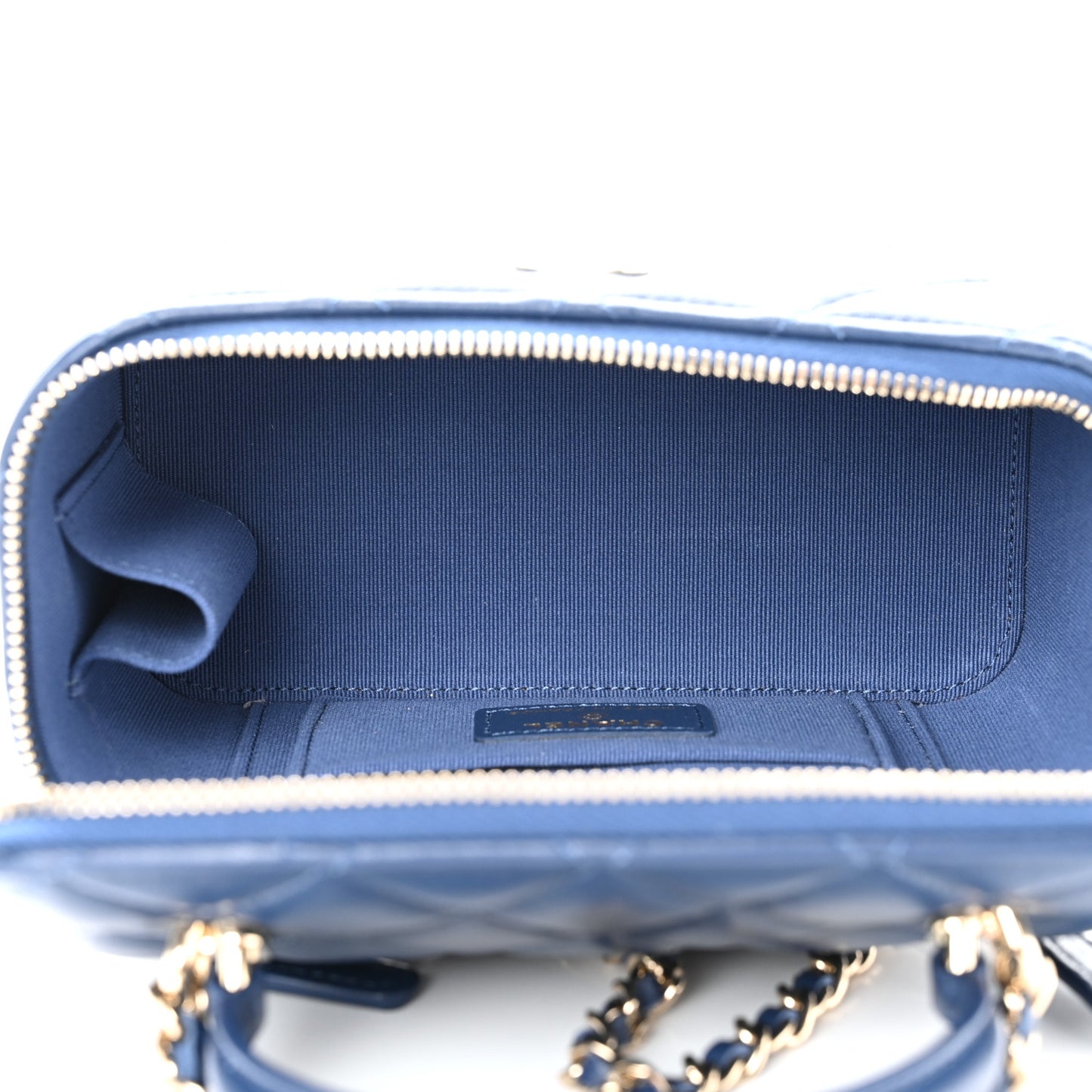 Lambskin Quilted Small Top Handle Vanity Case With Chain Dark Blue