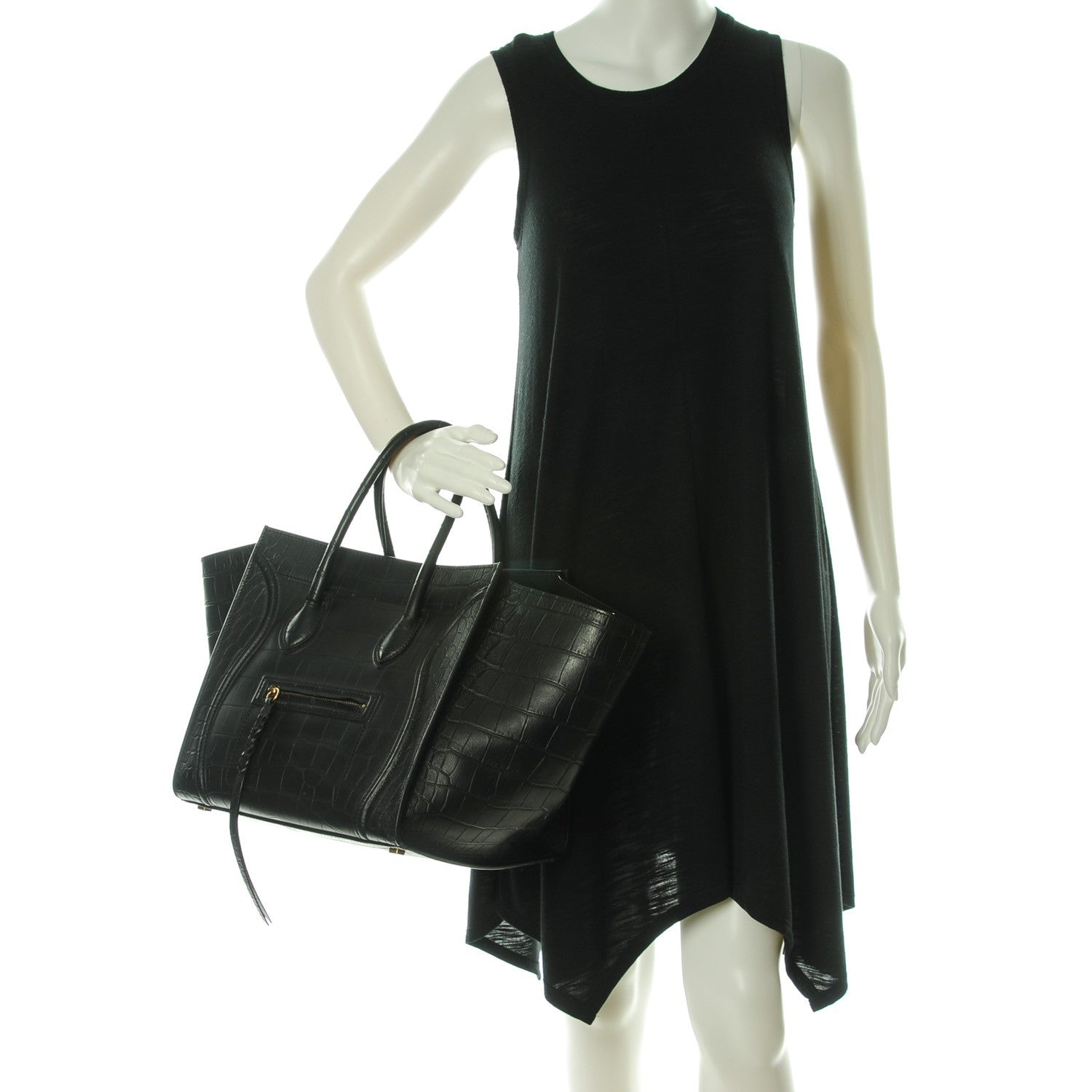 Celine Crocodile Embossed Calfskin Medium Phantom Luggage Black 2 of 8