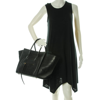 Celine Crocodile Embossed Calfskin Medium Phantom Luggage Black 2 of 8