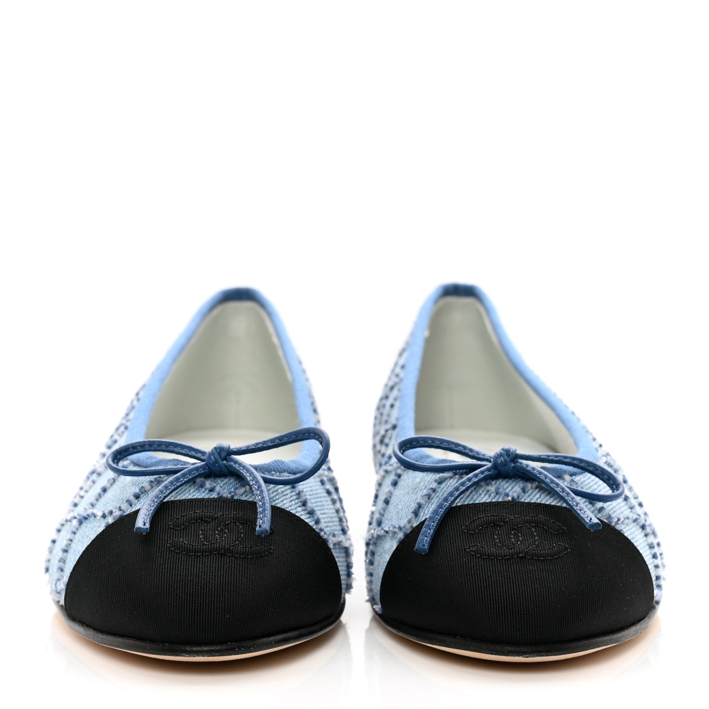 Denim Embroidered Grosgrain CC Cap Toe Ballerina Flats 37.5 Blue Black