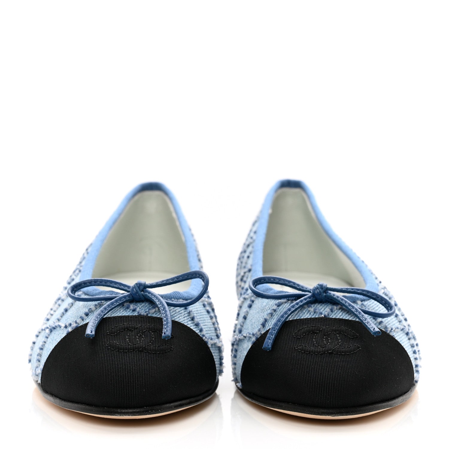 Chanel Denim Embroidered Grosgrain CC Cap Toe Ballerina Flats 37.5 Blue Black 2 of 8