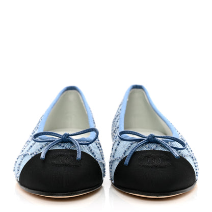 Chanel Denim Embroidered Grosgrain CC Cap Toe Ballerina Flats 37.5 Blue Black 2 of 8