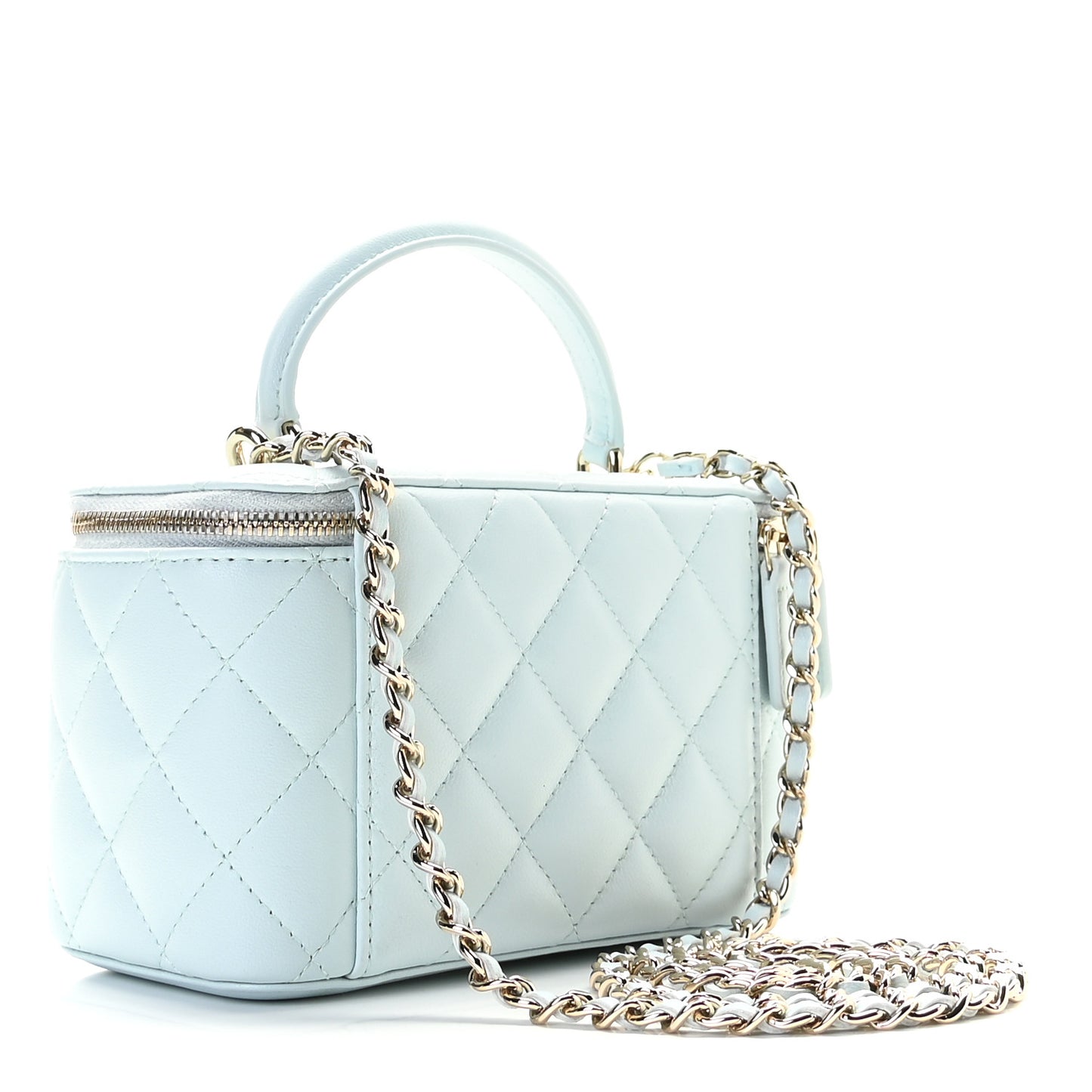 Lambskin Quilted Small Top Handle Vanity Case With Chain Light Blue