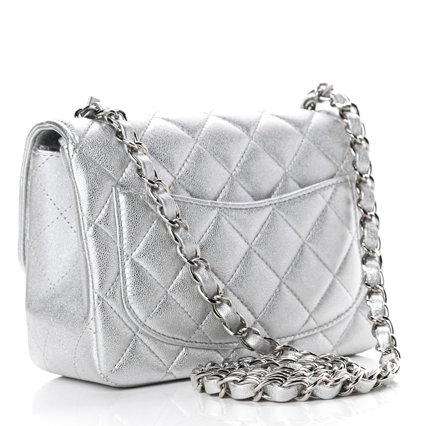 Metallic Lambskin Quilted Mini Square Flap Silver