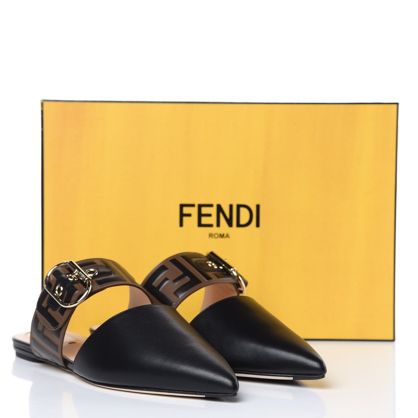 Vitello FF Embossed Buckle Flat Mules 37 Maya Black