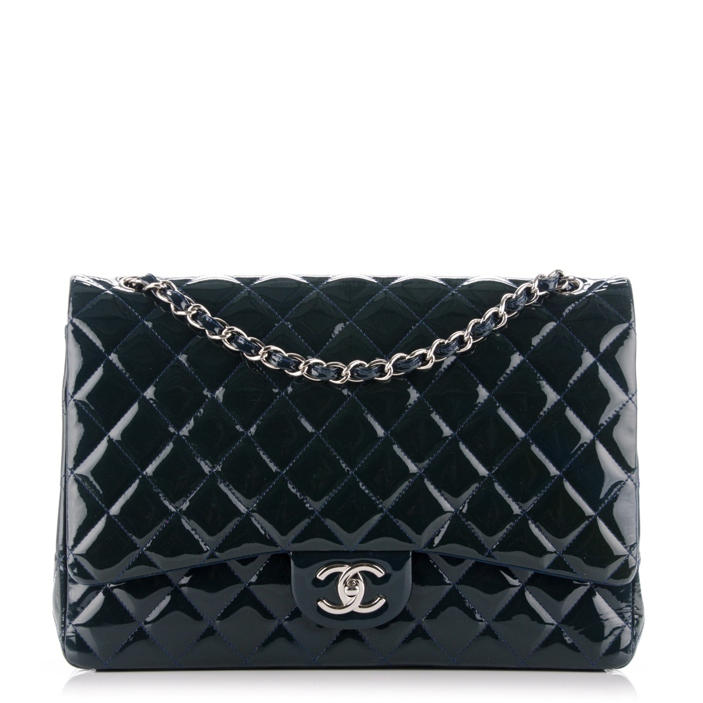 Patent Quilted Maxi Double Flap Navy Blue