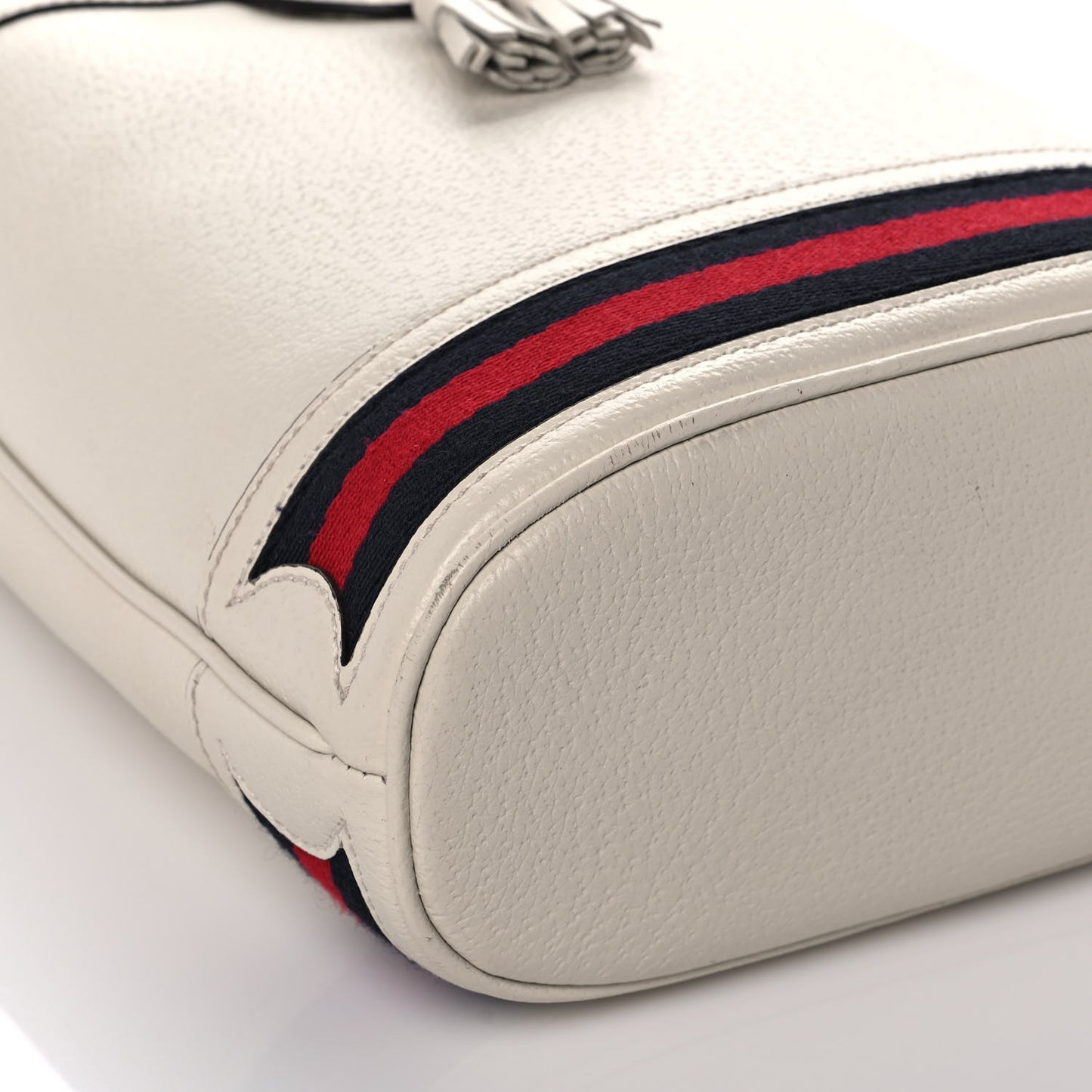 Glazed Textured Calfskin Web Small Ophidia Bucket Bag Mystic White