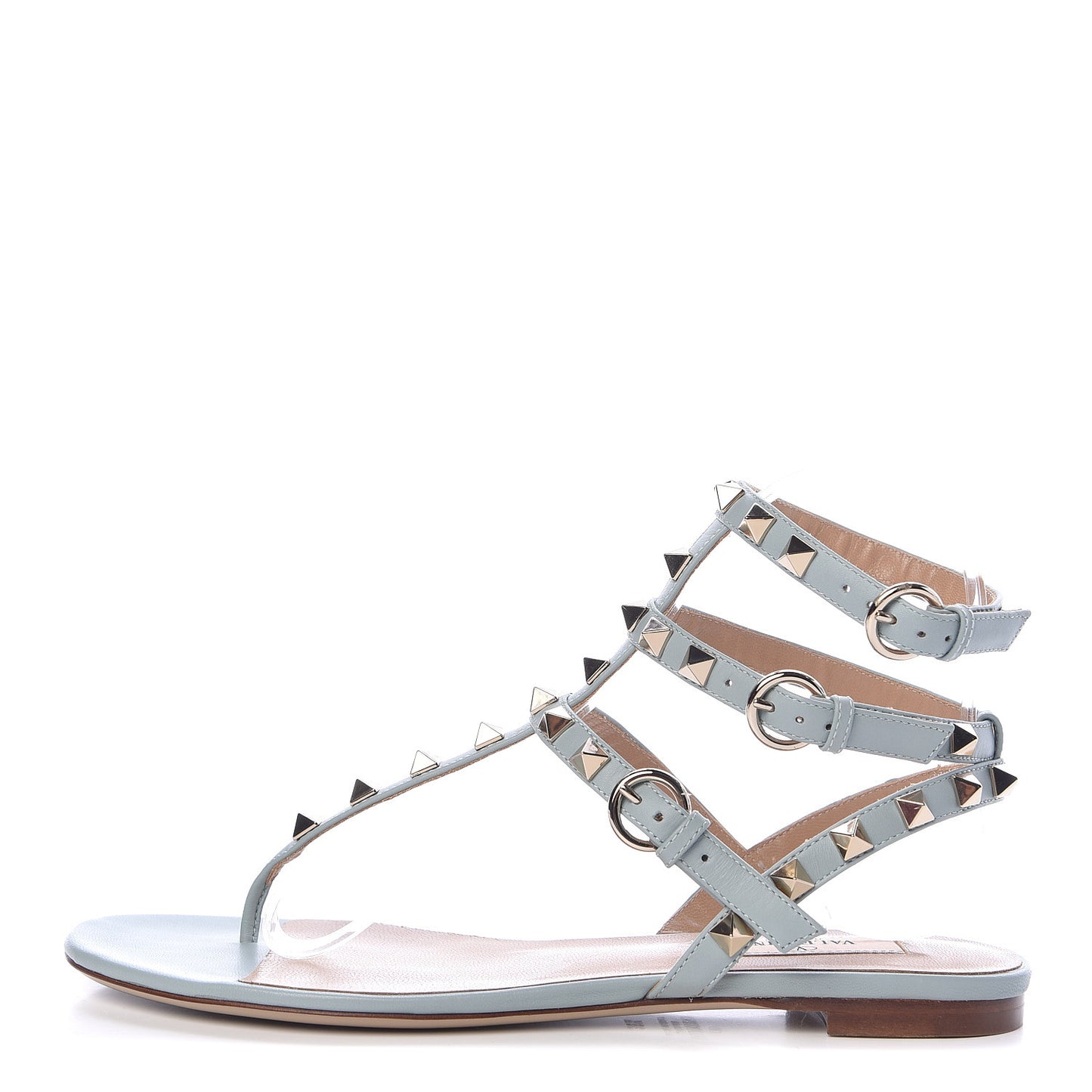 Calfskin Rockstud Ankle Wrap Flat Thong Sandals 36.5 Celadon