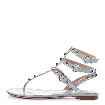 Valentino Garavani Calfskin Rockstud Ankle Wrap Flat Thong Sandals 36.5 Celadon 1 of 8