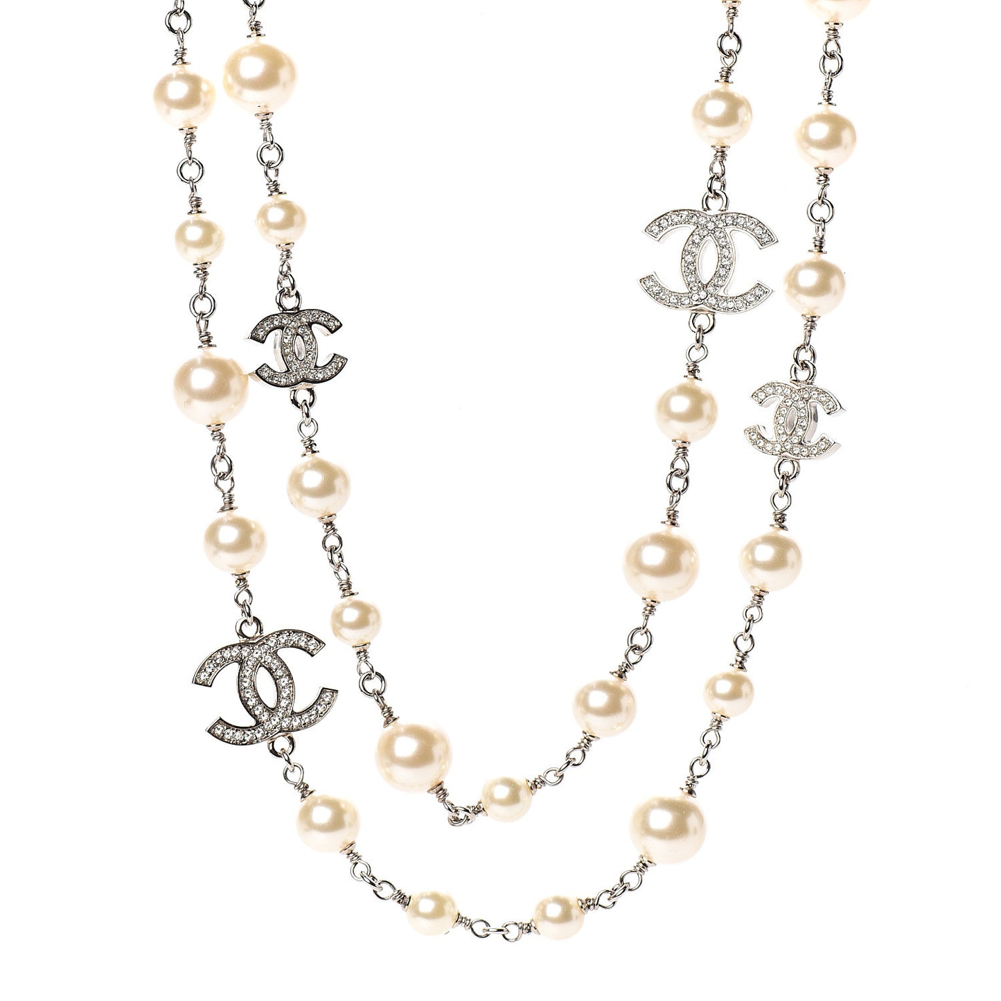 Graduated Pearl Crystal CC Long Necklace Silver