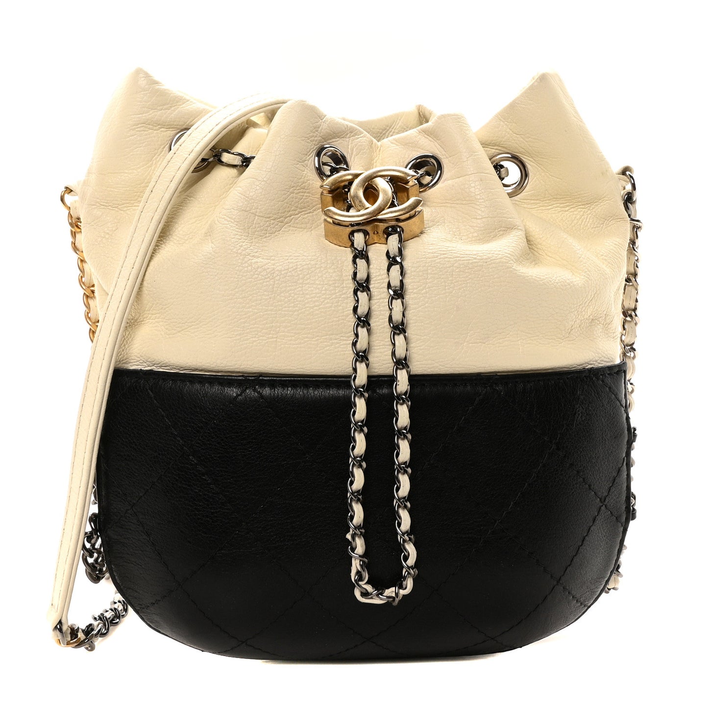 Aged Calfskin Quilted Small Gabrielle Bucket White Black