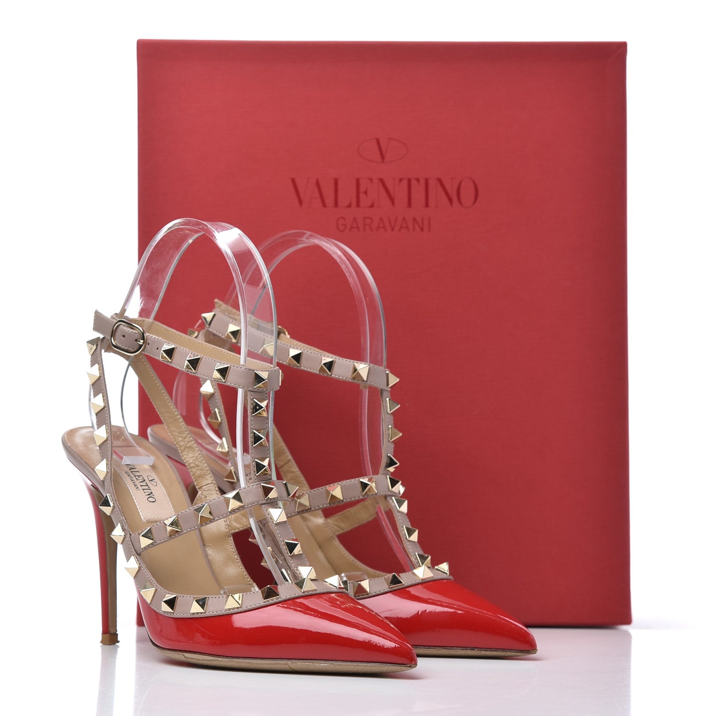 Patent Nappa Rockstud Ankle Strap 100mm Pumps 36 Rosso Valentino Poudre