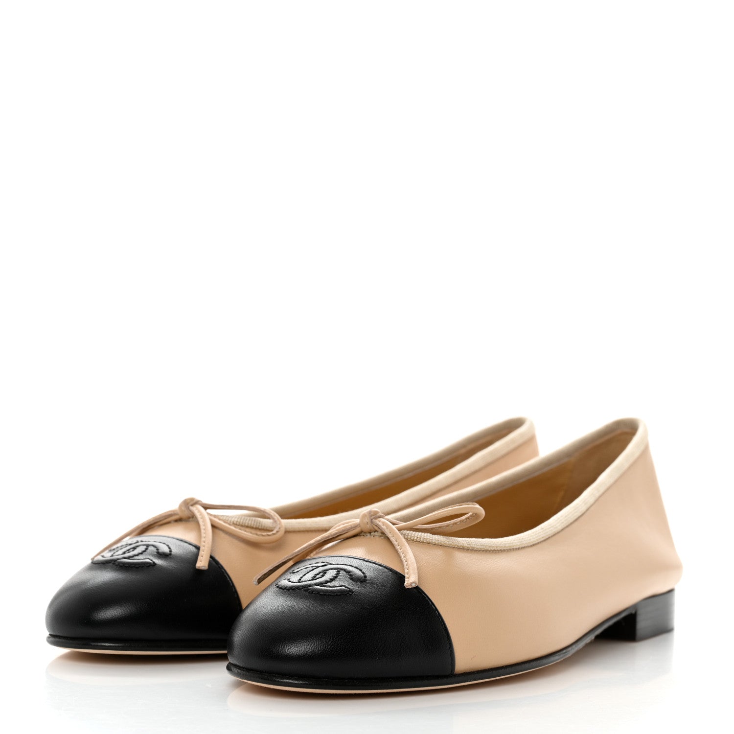 Chanel Lambskin Cap Toe CC Ballerina Flats 38 Beige Black 3 of 9