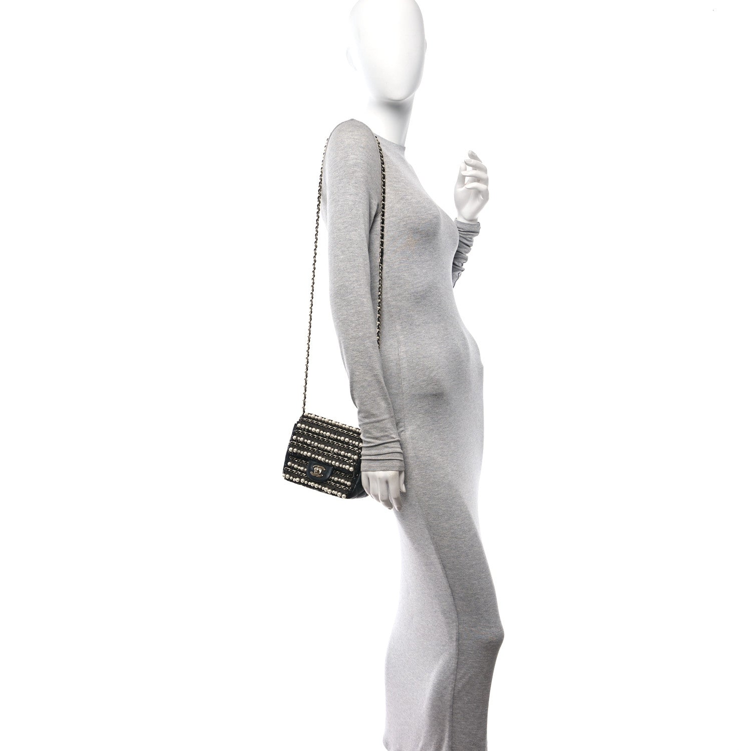 Chanel Lambskin Sequin Pearl Chain Fringe Mini Flap Black 2 of 12