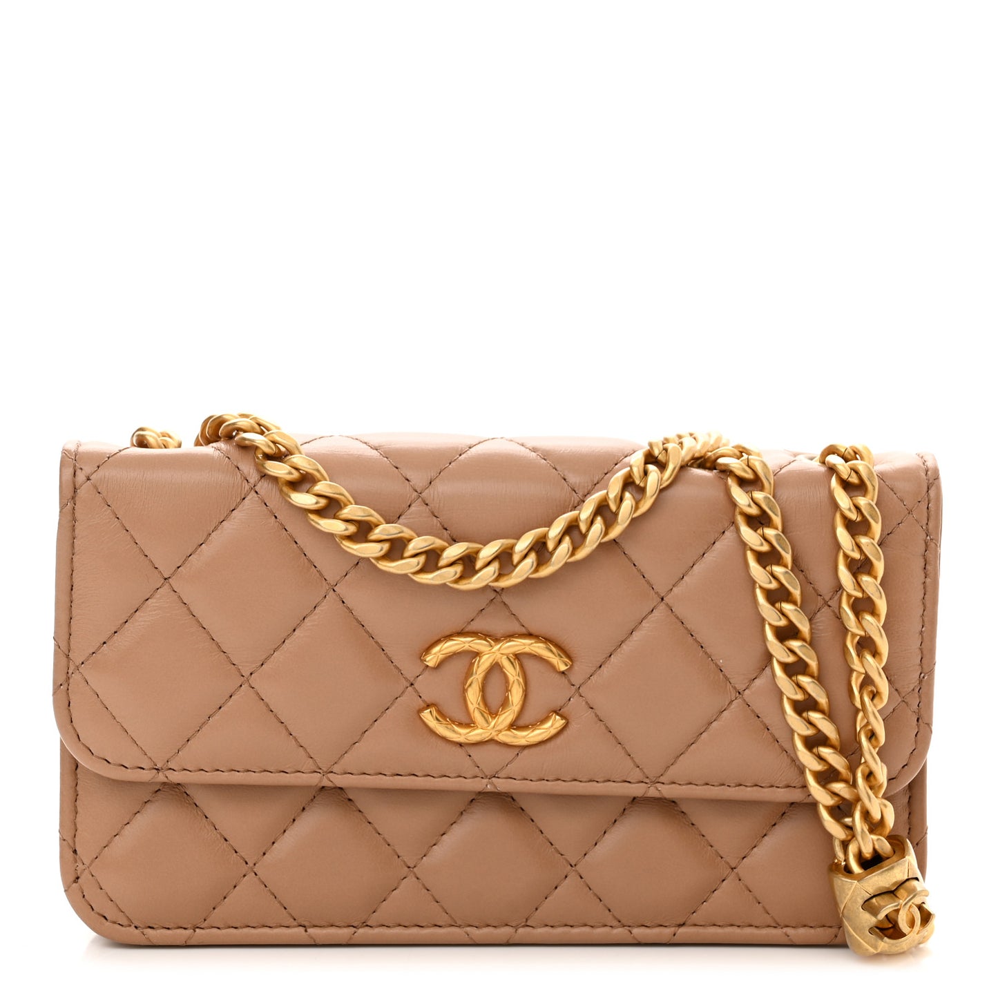 Lambskin Quilted Pillow Crush Flap Phone Holder With Chain Beige
