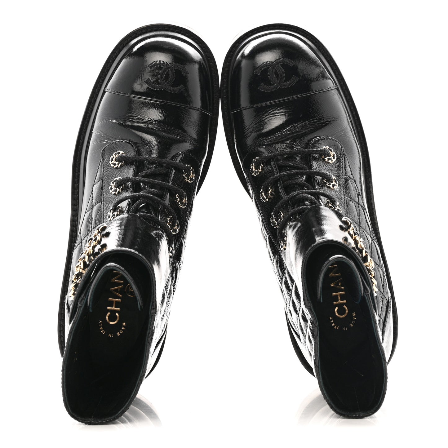 Shiny Calfskin Quilted Lace Up Combat Boots 39 Black